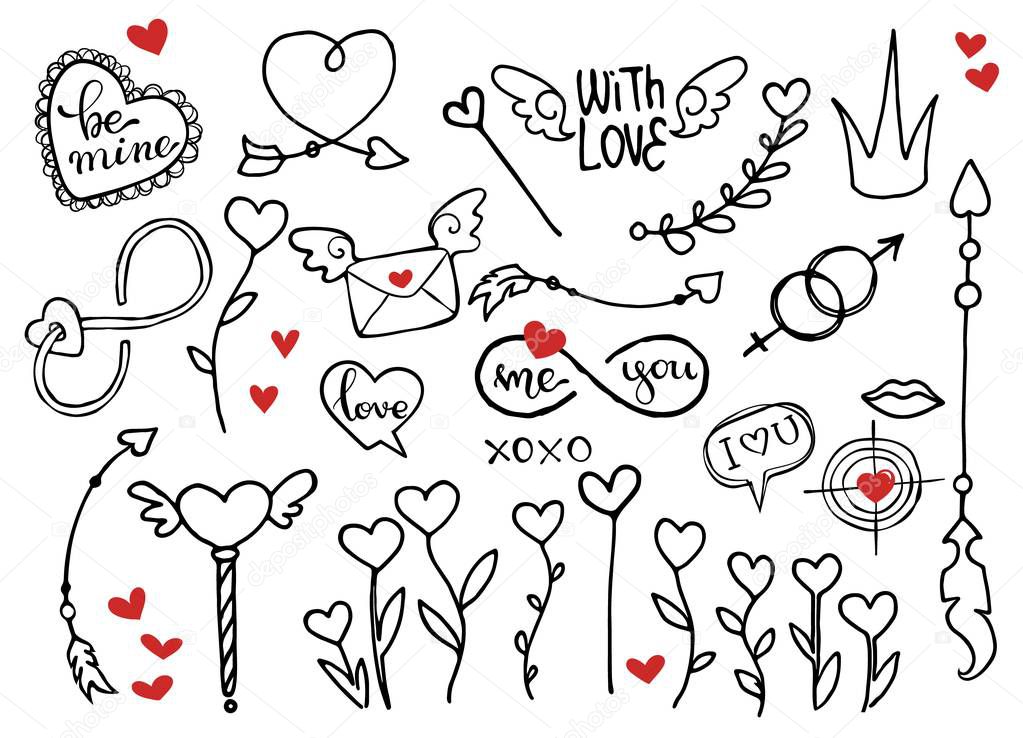 Rough doodle vector elements for Valentines day