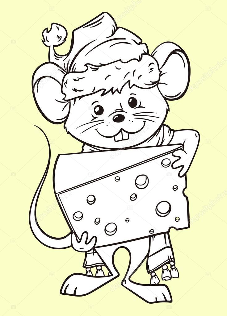 Cartoon mouse with a piece of cheese in its arms, outline vector illustration