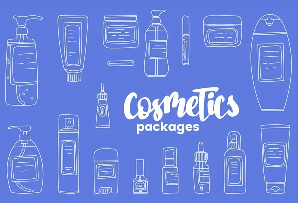 Conjunto de ilustrações desenhadas à mão com recipientes para vários cosméticos —  Vetores de Stock