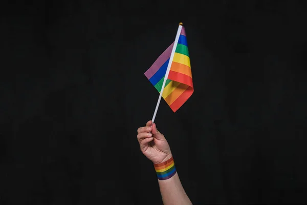 Rainbow flag arm of gay pride. Arm up with the gay pride flag. Pride. Rainbow flag. Gay pride banner.