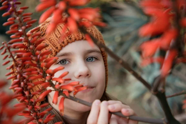 穿着棕色贝雷帽和毛衣的漂亮可爱的小女孩穿过橘红色的芦荟花在镜头前看了看 秋天的色彩 凉爽的秋天 — 图库照片