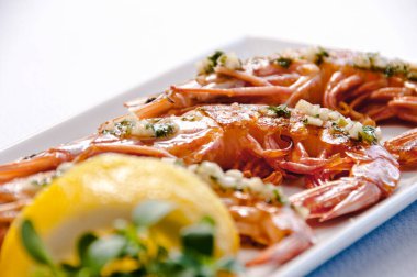 Beyaz arka planda bir tabak Norveç ıstakozu.