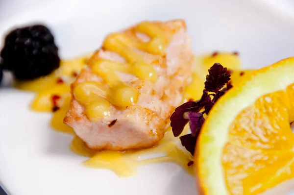 Hidangan Salmon Dengan Latar Belakang Putih — Stok Foto
