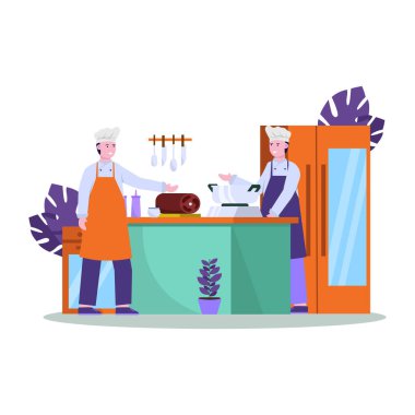 Şefin düz vektör çizimi, restoranlarda alışveriş yapanlar için iyi yemek hazırlar. İniş sayfası, evet, mobil uygulama ve web sitesi.