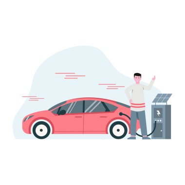 Çevre dostu iniş sayfası, evet, mobil uygulama ve web sitesi olan elektrikli bir arabanın düz vektör çizimi