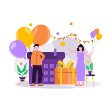 İniş sayfası, evet, mobil uygulama ve web sitesi için balon ve hediye taşıyan şapkalar kullanarak, festivalsel doğum günü kutlamalarının düz vektör çizimi