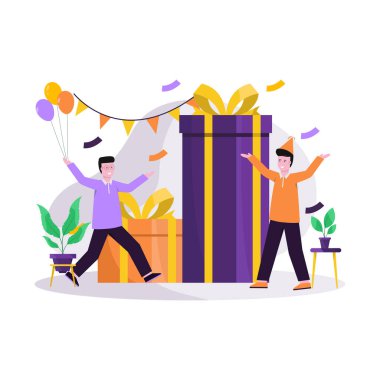 İniş sayfası, evet, mobil uygulama ve web sitesi için balon ve hediye taşıyan şapkalar kullanarak, festivalsel doğum günü kutlamalarının düz vektör çizimi