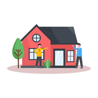 İniş sayfası, evet, mobil uygulama ve web sitesi için emlak, ev ve emlak reklamları satıcı ve alıcılarının düz vektör çizimi