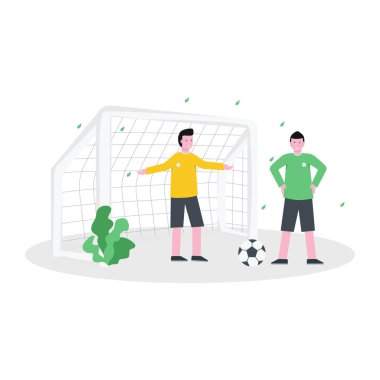 Koçun düz vektör illüstrasyonu futbol akademisi katılımcılarını, iniş sayfası, evet, mobil uygulama ve web sitesi için fiziksel, beceri ve sağlık konularında eğitir.