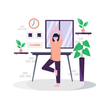 İniş sayfası, evet, mobil uygulama ve web sitesi için sağlıklı bir vücut sağlamak için her sabah evde yoga egzersizleri yapmanın yassı vektör çizimi