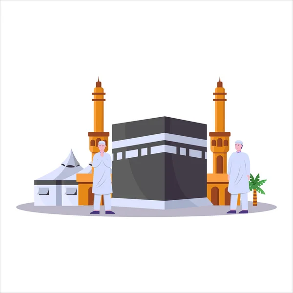 Ilustração Muçulmanos Fazer Peregrinação Tawaf Frente Kaaba Grande Mesquita Jogando — Vetor de Stock