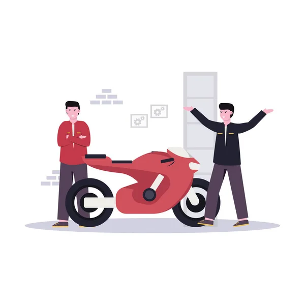 Плоска Векторна Ілюстрація Механіка Робить Нетипові Мотоцикли Своїх Клієнтів Гаражі — стоковий вектор