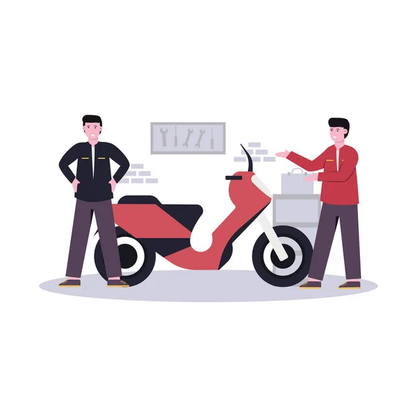 Ilustración Vectorial Plana Mecánico Hace Motocicletas Personalizadas Para Sus Clientes — Archivo Imágenes Vectoriales