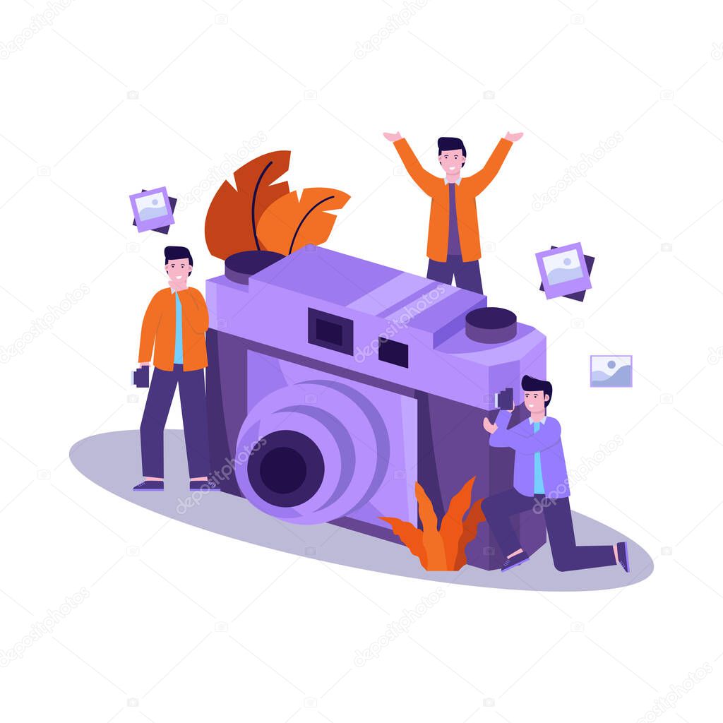 Flat vector illustration of photographer prepares equipment and takes a photo of the model professionally for landing page, ui, mobile app and website