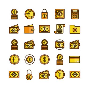 Web sitesi, mobil uygulama, sunum, sosyal medya için finans simgesi ayarlı vektör düz çizgi. Kullanıcı arayüzü ve kullanıcı deneyimi için uygun.