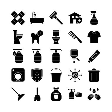 Web sitesi, mobil uygulama, sunum, sosyal medya için temizleme simgesi kümesi vektörü sağlam. Kullanıcı arayüzü ve kullanıcı deneyimi için uygun.