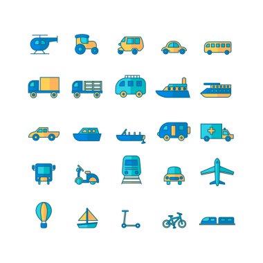 Web sitesi, mobil uygulama, sunum, sosyal medya için ulaşım simgesi ayarlı vektör düz çizgi. Kullanıcı arayüzü ve kullanıcı deneyimi için uygun.