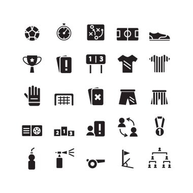 Web sitesi, mobil uygulama, sunum, sosyal medya için futbol simgesi belirlenmiş vektör. Kullanıcı arayüzü ve kullanıcı deneyimi için uygun.