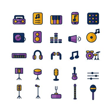 Web sitesi, mobil uygulama, sunum, sosyal medya için müzik simgesi ayarlanmış vektör düz çizgi. Kullanıcı arayüzü ve kullanıcı deneyimi için uygun.