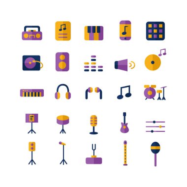 Web sitesi, mobil uygulama, sunum, sosyal medya için müzik simgesi dizisi vektörü düz. Kullanıcı arayüzü ve kullanıcı deneyimi için uygun.