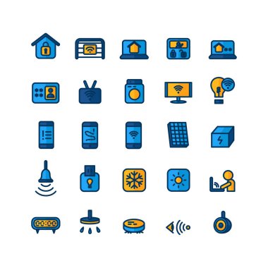 Smart Home simgesi web sitesi, mobil uygulama, sunum, sosyal medya için düz vektör hattı seti. Kullanıcı arayüzü ve kullanıcı deneyimi için uygun.