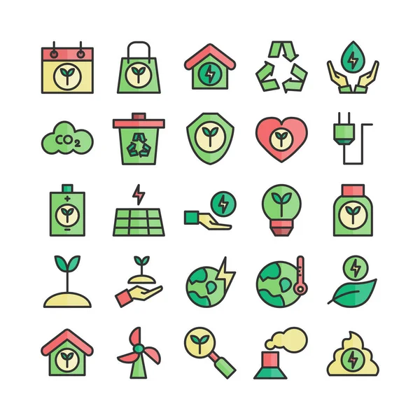 Ecología Icono Conjunto Vectores Línea Plana Para Sitio Web Aplicación — Vector de stock