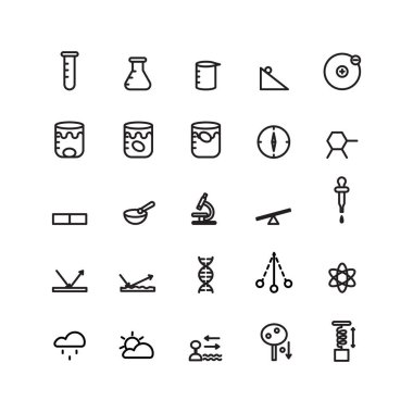 Web sitesi, mobil uygulama, sunum, sosyal medya için bilim simgesi belirlenmiş vektör hattı. Kullanıcı arayüzü ve kullanıcı deneyimi için uygun.