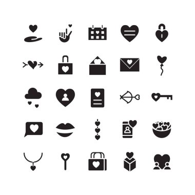 Web sitesi, mobil uygulama, sunum, sosyal medya için sevgi simgesi belirlenmiş vektör. Kullanıcı arayüzü ve kullanıcı deneyimi için uygun.