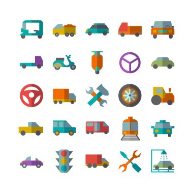 Web sitesi, mobil uygulama, sunum, sosyal medya için otomobil simgesi dizisi vektörü düz. Kullanıcı arayüzü ve kullanıcı deneyimi için uygun.