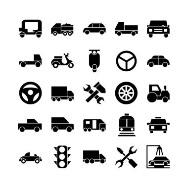 Web sitesi, mobil uygulama, sunum, sosyal medya için otomobil simgesi belirlenmiş vektör. Kullanıcı arayüzü ve kullanıcı deneyimi için uygun.