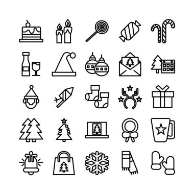 Web sitesi, mobil uygulama, sunum, sosyal medya için Noel simgesi belirlenmiş vektör hattı. Kullanıcı arayüzü ve kullanıcı deneyimi için uygun.