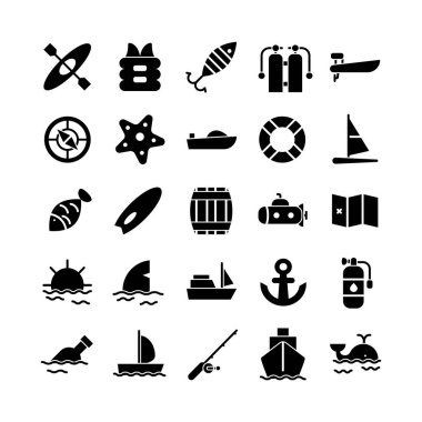 Web sitesi, mobil uygulama, sunum, sosyal medya için deniz simgesi belirlenmiş vektör. Kullanıcı arayüzü ve kullanıcı deneyimi için uygun.