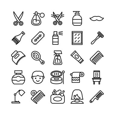 Barber simgesi web sitesi, mobil uygulama, sunum, sosyal medya için vektör çizgisi belirledi. Kullanıcı arayüzü ve kullanıcı deneyimi için uygun.