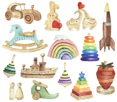 Suluboya Çocuk Oyuncakları Clipart. Tahta Toys Clipart. Bebek partisi numarası. Çocuk odası, çocuk odası dekoru. Çevre dostu malzemeler Çocuk Oyuncakları.