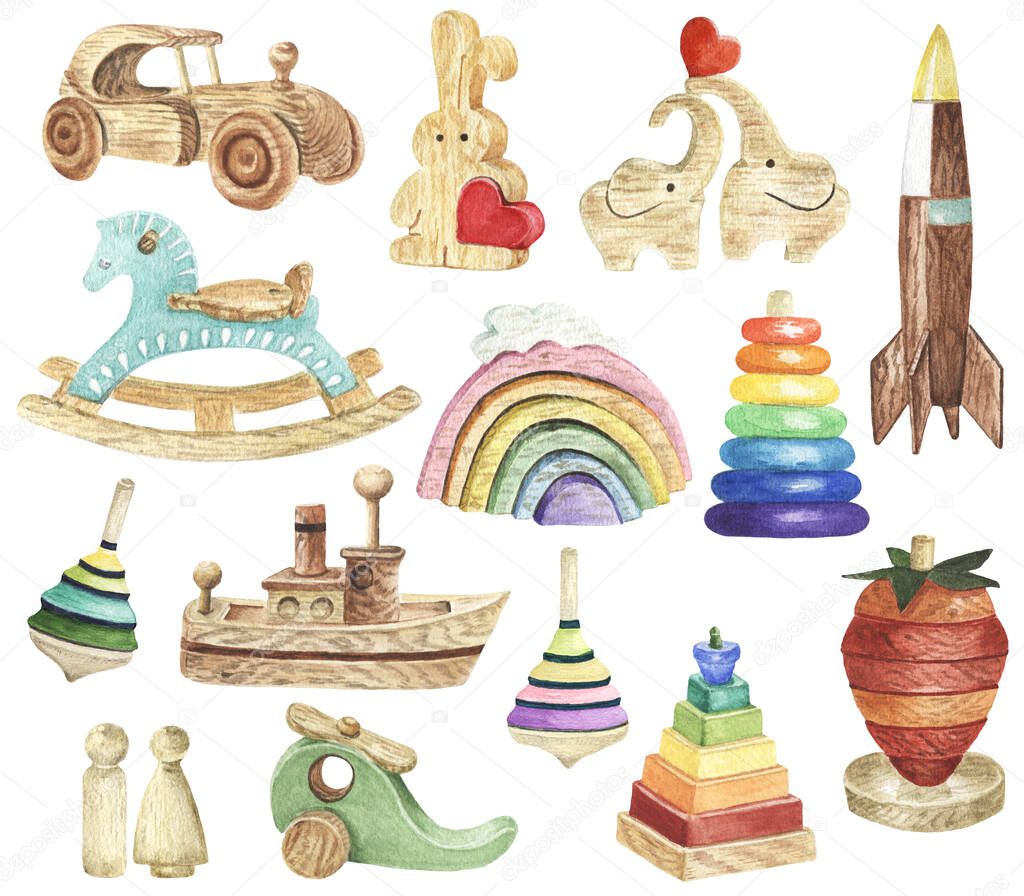 Watercolor Kids Toys Clipart. Wooden Toys Clipart. Baby Shower DIY. Nursery, Kids Room Decor. Eco-friendly materials Child Toys.