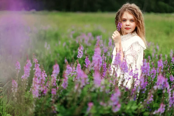 Маленька Дівчинка Дивиться Камеру Білій Сукні Красивими Квітами Полі Влітку — стокове фото