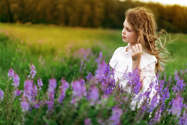 Uma Menina Vestido Branco Com Belas Flores Campo Verão Conceito — Fotografia de Stock