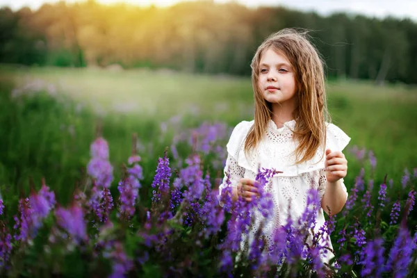 Una Niña Vestido Blanco Con Hermosas Flores Campo Verano Concepto — Foto de Stock