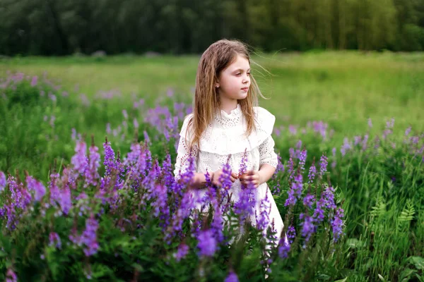 Ein Kleines Mädchen Einem Weißen Kleid Mit Schönen Blumen Auf — Stockfoto