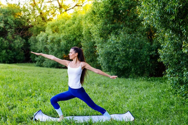 Beautiful girl doing yoga in nature in the summer. Young woman doing yoga exercise in green park. Healthy female doing yoga outdoor