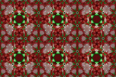 Kırmızı ve yeşil renklerde kusursuz raster deseni. Çiçek arka planı.