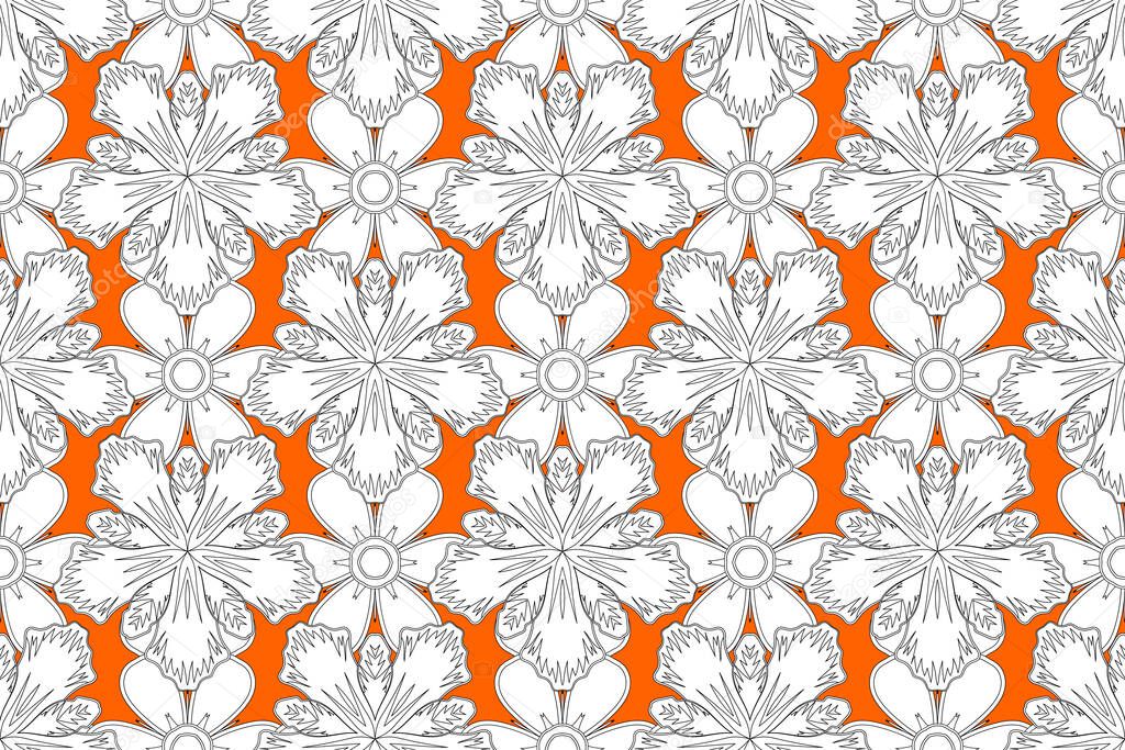 Geometric repeating raster ornament with black, white and orange elements. Seamless abstract modern multicolored pattern.
