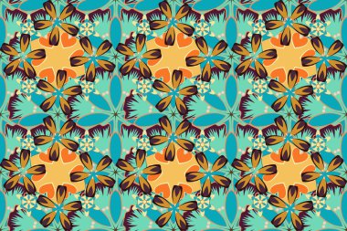 Mavi, sarı ve yeşil renklerde yıldızsız desen. Tatil sembolü. Duvar kağıdı, Noel süsü, konfeti, tekstil, ambalaj için soyut raster parlak tasarımı.