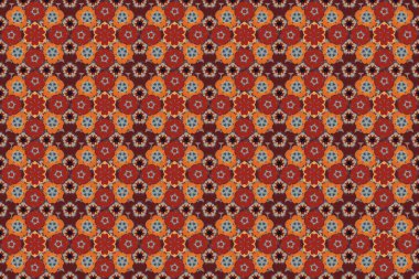 Lüks raster dikişsiz desen, düğme desenli doku, eski tarz dekoratif elementler. Şık kırmızı, kahverengi ve gri süslemeli stilize yıldızlar, süslü arka planda filigran dekoru.