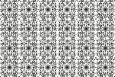 Etnik Hint folkloru. Gri ve gümüşi süslemeleri, geometrik Fas dikişsiz desenleri olan soyut, pürüzsüz yama işlemeli arkaplan. Stilize gümüş yıldızlar, kar taneleri ve ızgaralar.