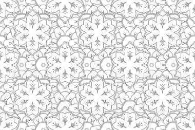 Stock raster illüstrasyonu. Soyut çiçeklerin kusursuz deseni beyaz ve siyah renklerde. Klasik stil.