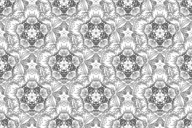 Özyinelenen elementlerle birlikte beyaz ve siyah renklerde kusursuz bir soyut süs. Zarif raster klasik kusursuz desen.