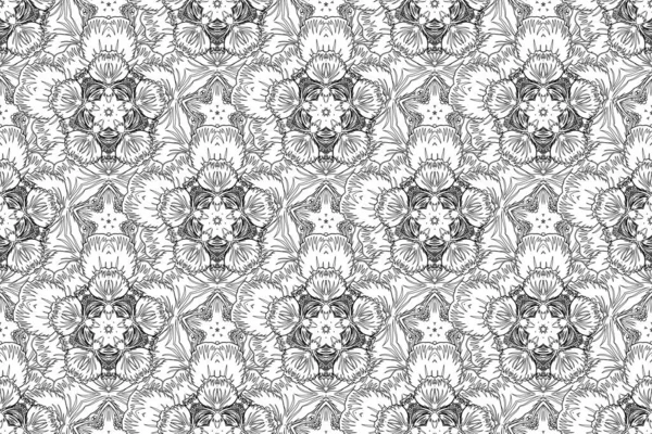 Seamless abstract ornament in white and black colors with repeating elements. Elegant raster classic seamless pattern.