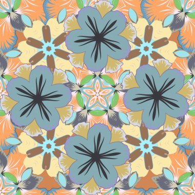 Yatak çarşafı, ceket, paket tasarımı, kumaş veya moda konsepti için tekstil baskısı. Soyut, pürüzsüz desenli çiçek deseni bej, mavi ve sarı renklerde. Çiçeksiz desenli suluboya efektli