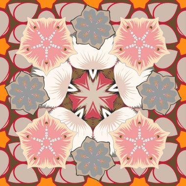 Vektör çizimi. Tasarım, tekstil veya kumaş için pembe, kırmızı ve bej renklerinde vektörsüz çiçek deseni.